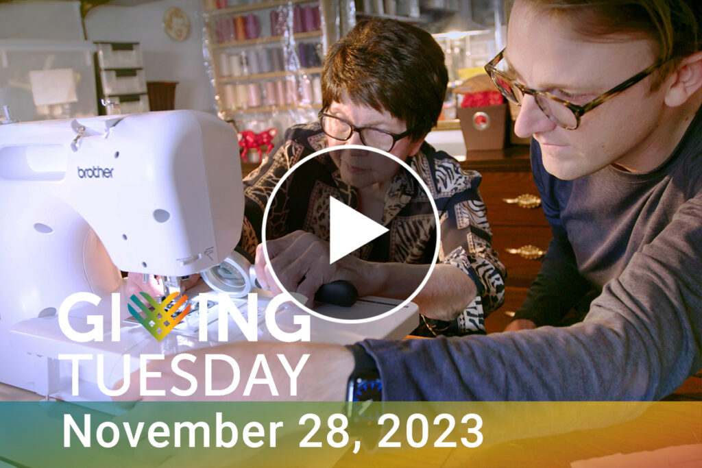 Photo of SFV member and volunteer looking at a sewing machine. Video has a play button to indicate that it links to a video.